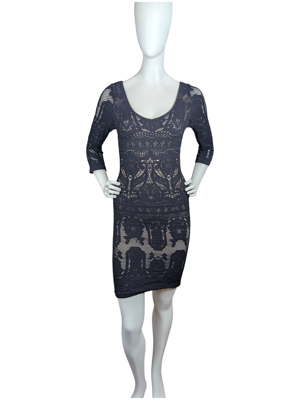 Vintage Y2K bebe Made USA Black Lace Nude Lined Bodycon Bombshell Dress M/L